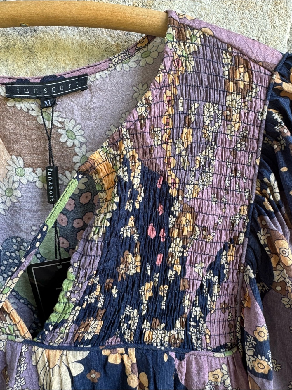 Retro 70s Print Navy & Lavender Floral Smocked Tiered Long-Sleeve Dress XL Boho - Picture 7 of 15